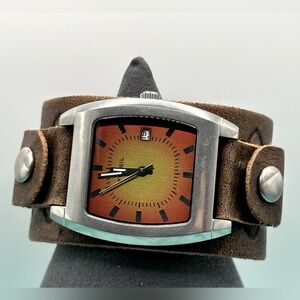 NWOB Fossil orange-faced watch with wide leather band - needs new battery